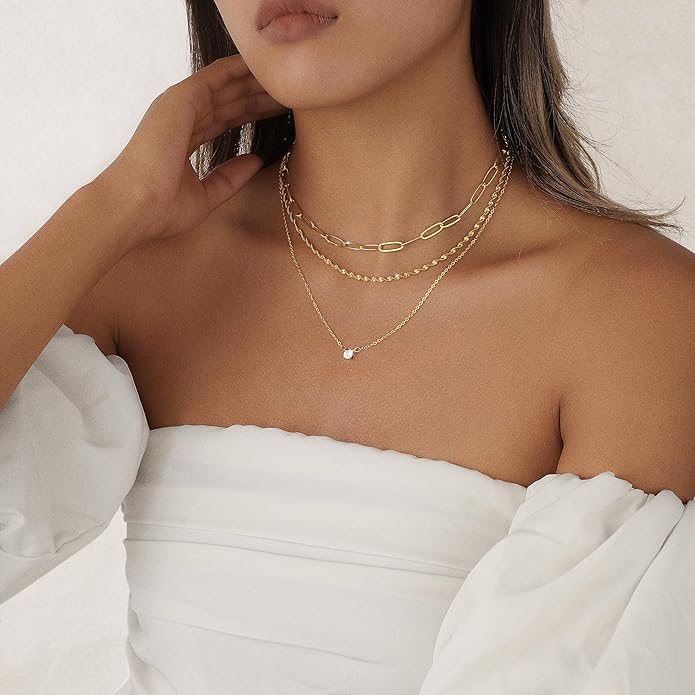 Layered Gold Necklace for Women Trendy 14K Gold Plated Heart CZ Pendant Layered Gold Necklaces Set Coin Choker Necklaces Simple Circle Cubic Zirconia Pearl Necklace Stack Herringbone Paperclip Chain Jewelry Set