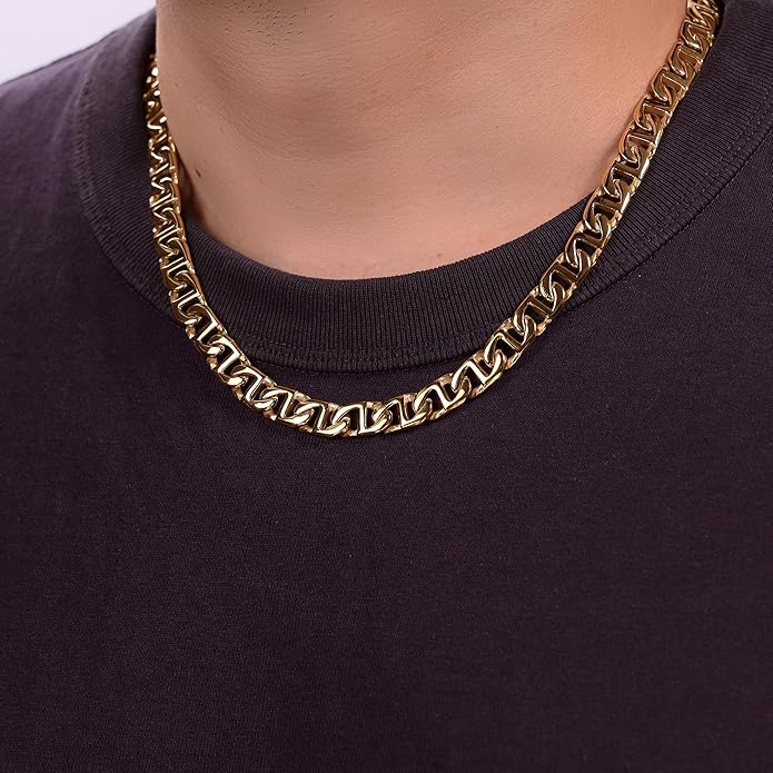Metro Jewelry Stainless Steel Mariner Link Necklace for Men with Yellow Gold or Black Ion Plating 20 to 30 Inch Chain with Lobster Claw 10MM