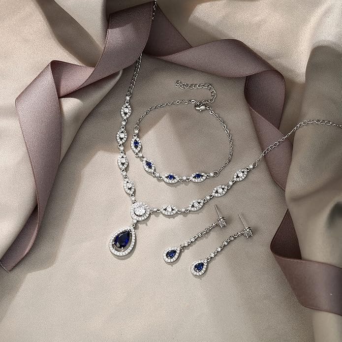 EVER FAITH Bridal Jewelry Set for Women, Stunning Teardrop Cubic Zirconia Birthstone Necklace Bracelet Earrings Sets Gift for Mothers Day/Valentines/Birthday/Christmas