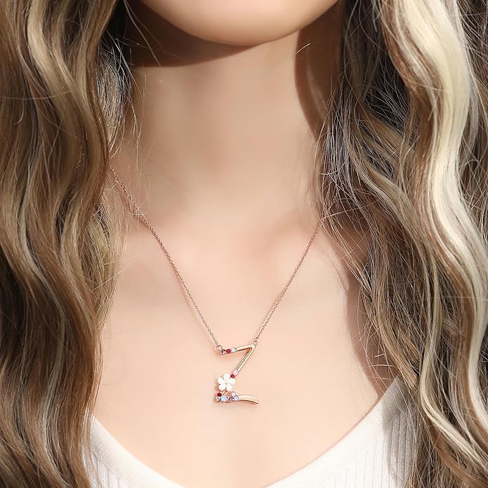 Flower Initial Letter Necklace Pink Red Blue Simulated Pearl Pendant Name Jewelry Made with Austrian Crystals Rose Gold Plated Anniversary Birthday Gifts for Women,18"+2"