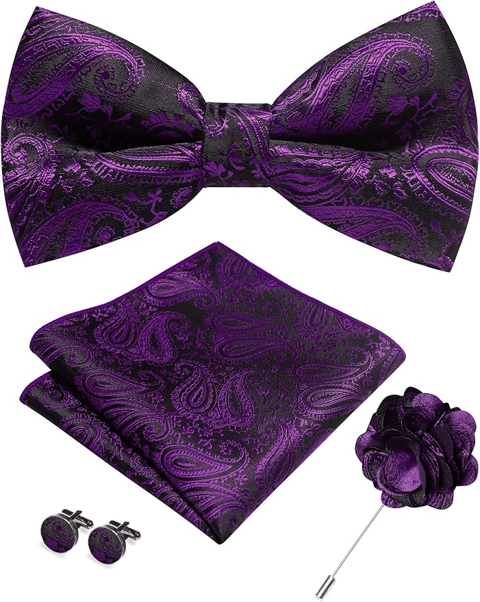 JEMYGINS Mens Paisley Bow Tie and Lapel Pin Necktie Pocket Square and Tie Clip with Sets for Business Casual 4PCS