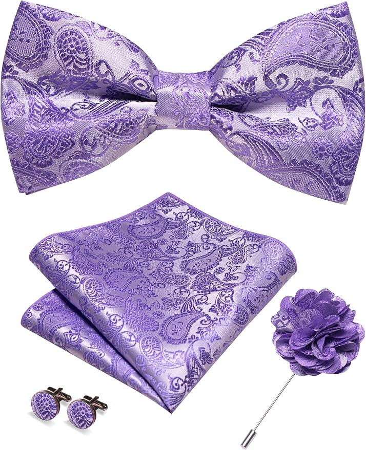 JEMYGINS Paisley Pre-tied Bow Tie and Pocket Square Cufflinks Lapel Pin Sets for Men 4PCS