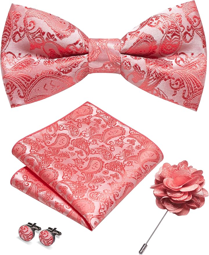 JEMYGINS Paisley Pre-tied Bow Tie and Pocket Square Cufflinks Lapel Pin Sets for Men 4PCS