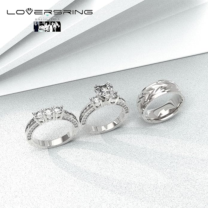 TWO RINGS Wedding Ring Sets His And Hers Promise Ring Couples Bridal Sets Women 925 Sterling Silver square Cz Man Stainless Steel Brushed Finished Wedding Bands