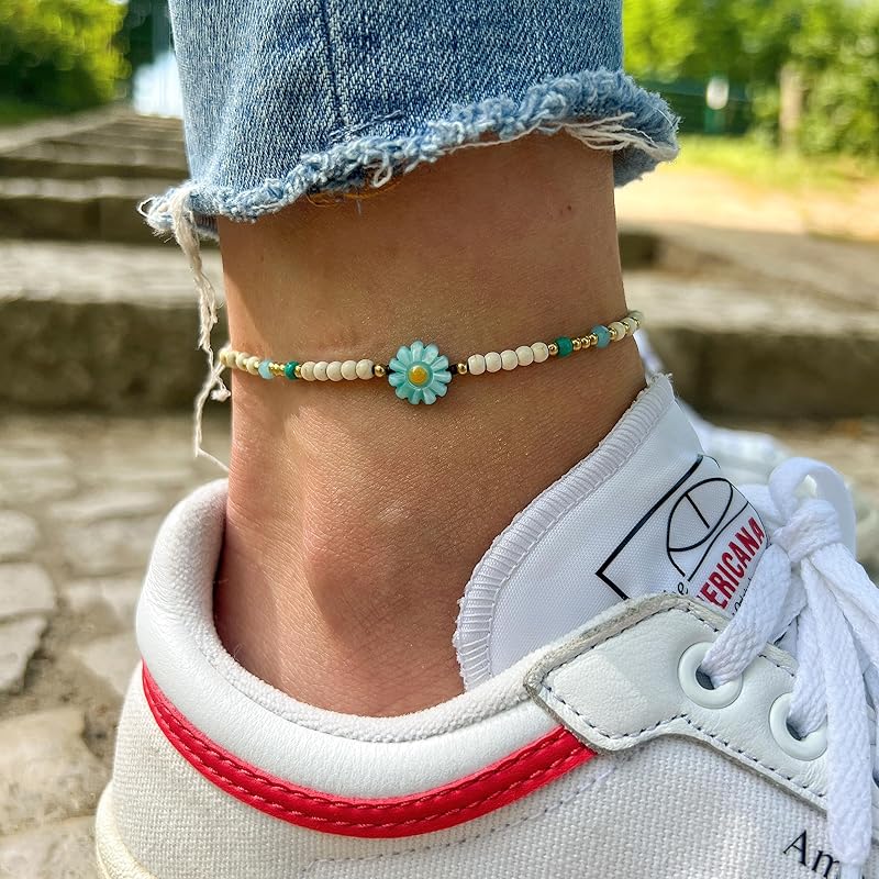 Made by Nami Boho Surfer Anklet Waterproof & Adjustable Beaded Anklets for Women Beachy Ankle Bracelet Made from Waxed Cotton Rope and Beads for Summer and Hippie Style (White Flower)