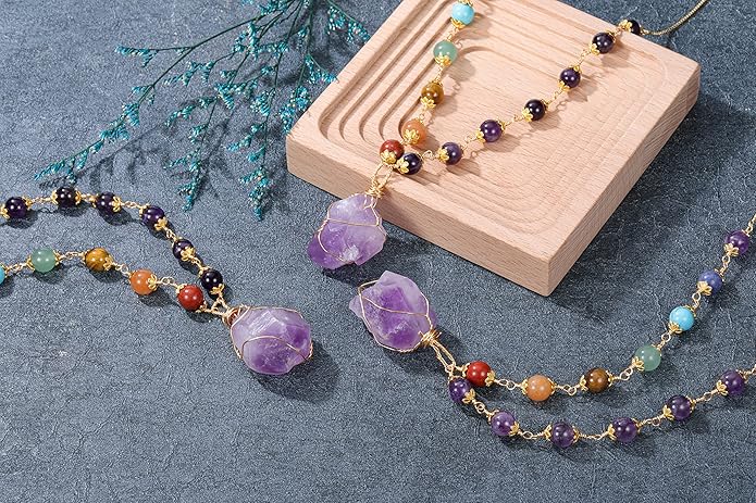 Jovivi Healing Stone Necklaces 7 Chakra Beads Necklace for Women Adjustable 14K Gold Plated Wire Wrapped Raw Quartz Crystal Pendant Necklace Gemstone Jewelry Mothers Day Gift
