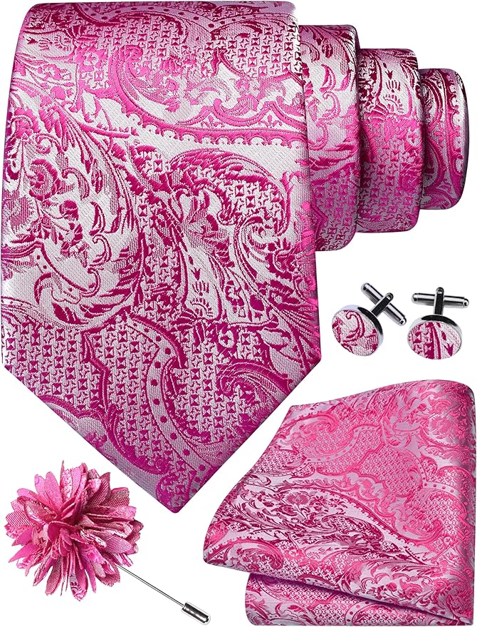 GUSLESON 8cm Paisley Tie Set for Men Necktie Lapel Pin Pocket Square Cufflinks Set for Men