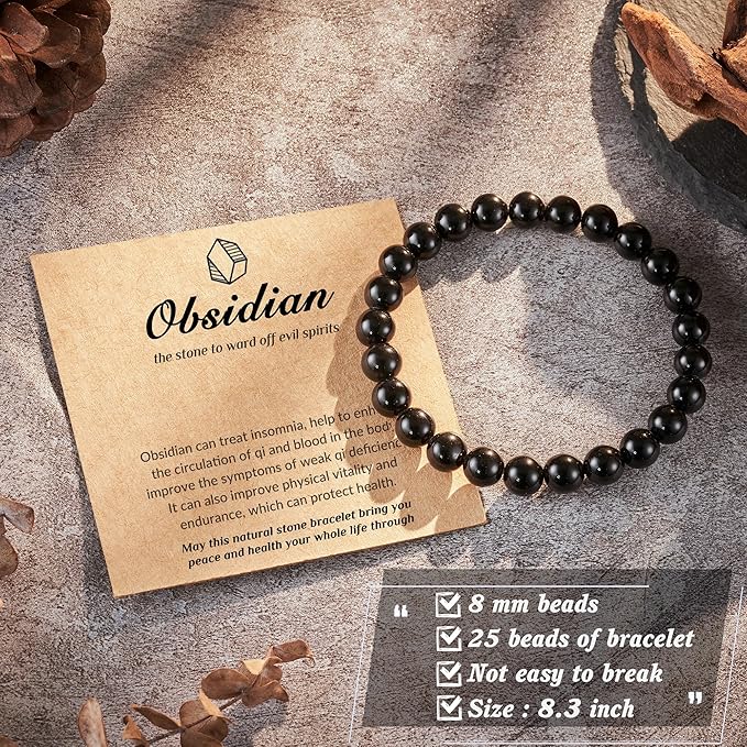 Seyaa Obsidian Bracelet, Mens Bracelet, Natural Black Obsidian Beaded Stretch Bracelets for Men Women