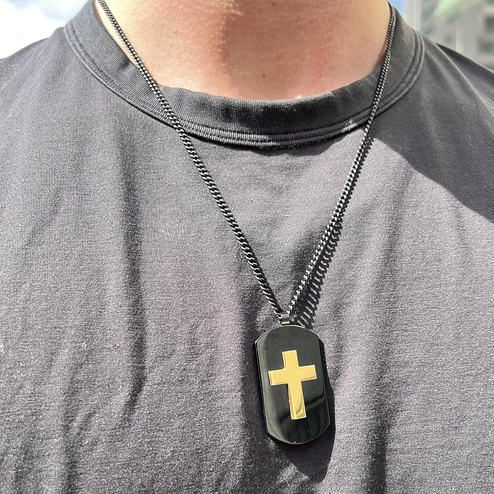 Boston Bay Men’s Black Dog Tag Necklace, 316L Stainless Steel Pendant with 24 Inch Fine Cuban Curb Link Chain