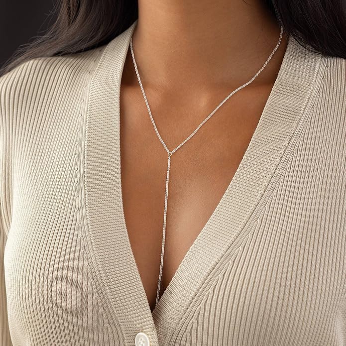 Gold and Silver Plated Layered Long Necklace for Women, Statement Y Body Chain, Sexy Dangle Drop Beach Boho Bolo Cleavage Necklace for Vacation or Prom