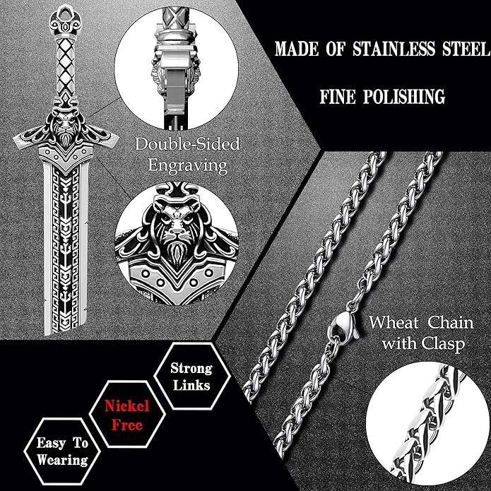 ZiWuark Mens Broken Sword Necklace Lion Head Knight Dragon Sword Pendant Viking Jewelry for Men Women