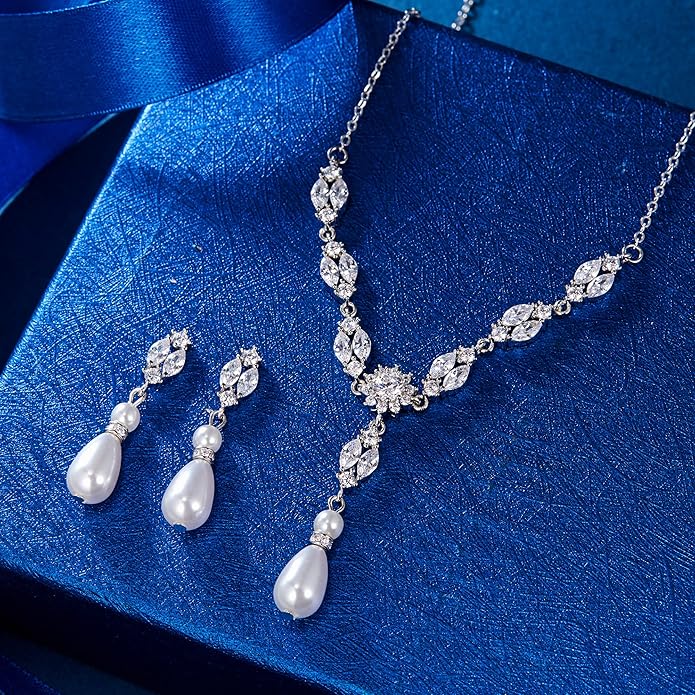 EleQueen Women's Simulated Pearl Wedding Jewelry Set, Cubic Zirconia Marquise Floral Bridal Necklace Earrings Bracelet Sets