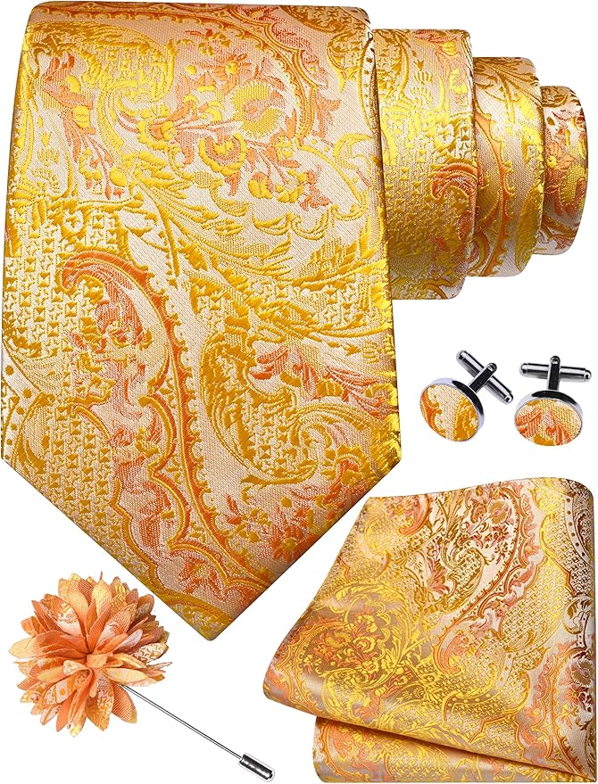 GUSLESON 8cm Paisley Tie Set for Men Necktie Lapel Pin Pocket Square Cufflinks Set for Men