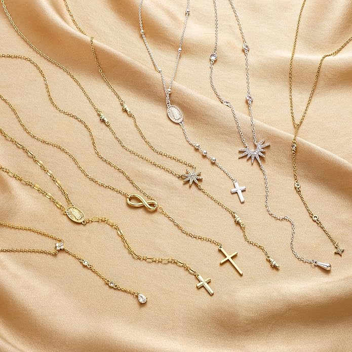 CHESKY Lariat Gold Necklace for Women Trendy, Dainty Long Necklace 14k Gold Plated/Silver Y-Shaped Pendant Necklace Layered Cz Beaded Chain Drop Necklaces Simple Gold Jewelry For Women Gift