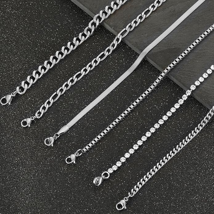 6PCS 18k Gold Plated Stainless Steel Ankle Bracelets for Women Waterproof Layered Herringbone Figaro Bead Paperclip Rope Tennis Box Cuban Link Rolo Satellite Chain Anklets Set Gold Tone