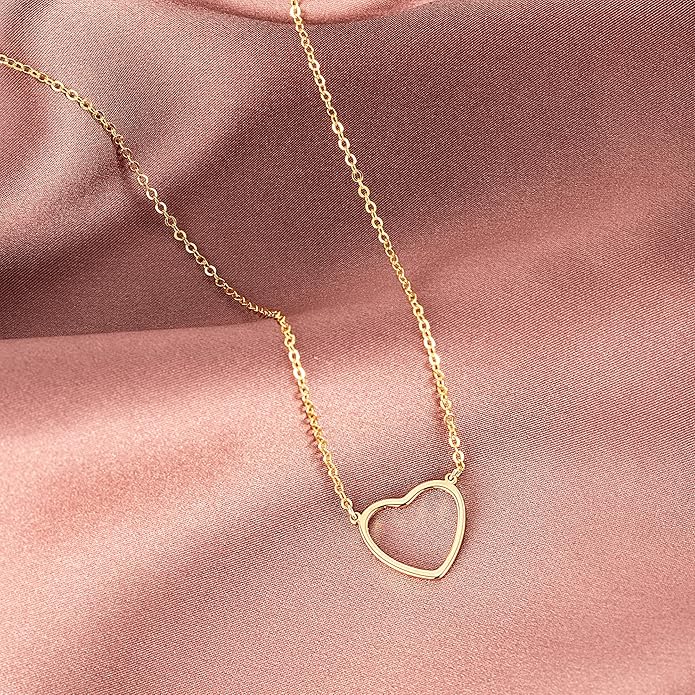 Tewiky Cute Heart Necklace Tiny 14k Gold Heart Pendant Choker Necklaces Small Gold Love Open Heart Chain Necklace for Women Dainty Gold Necklace Gifts for Her