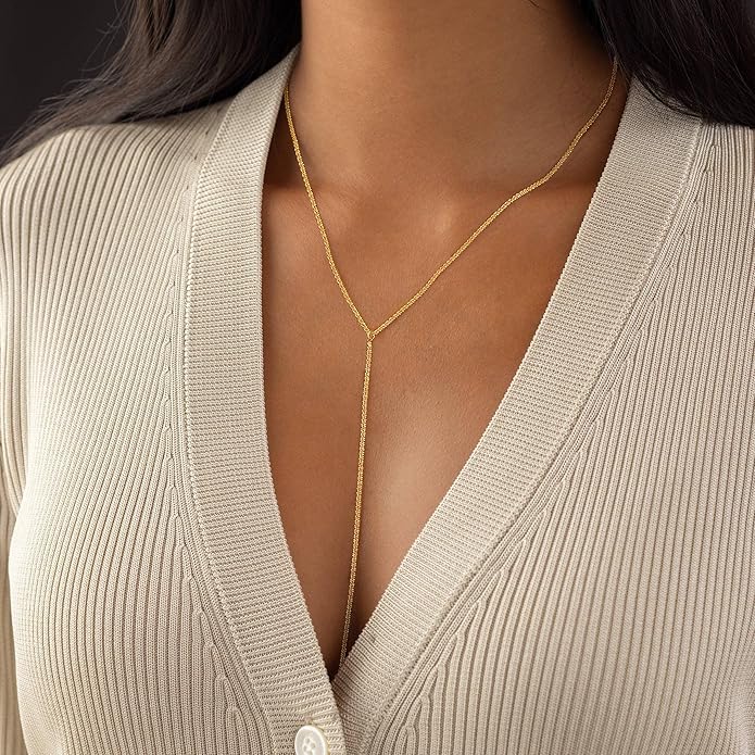 Gold and Silver Plated Layered Long Necklace for Women, Statement Y Body Chain, Sexy Dangle Drop Beach Boho Bolo Cleavage Necklace for Vacation or Prom