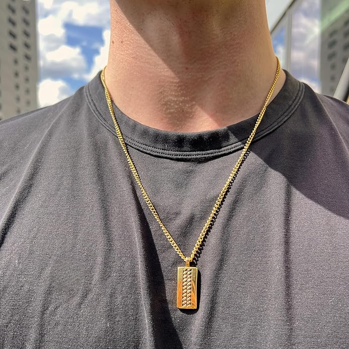 Boston Bay Men’s Black Dog Tag Necklace, 316L Stainless Steel Pendant with 24 Inch Fine Cuban Curb Link Chain