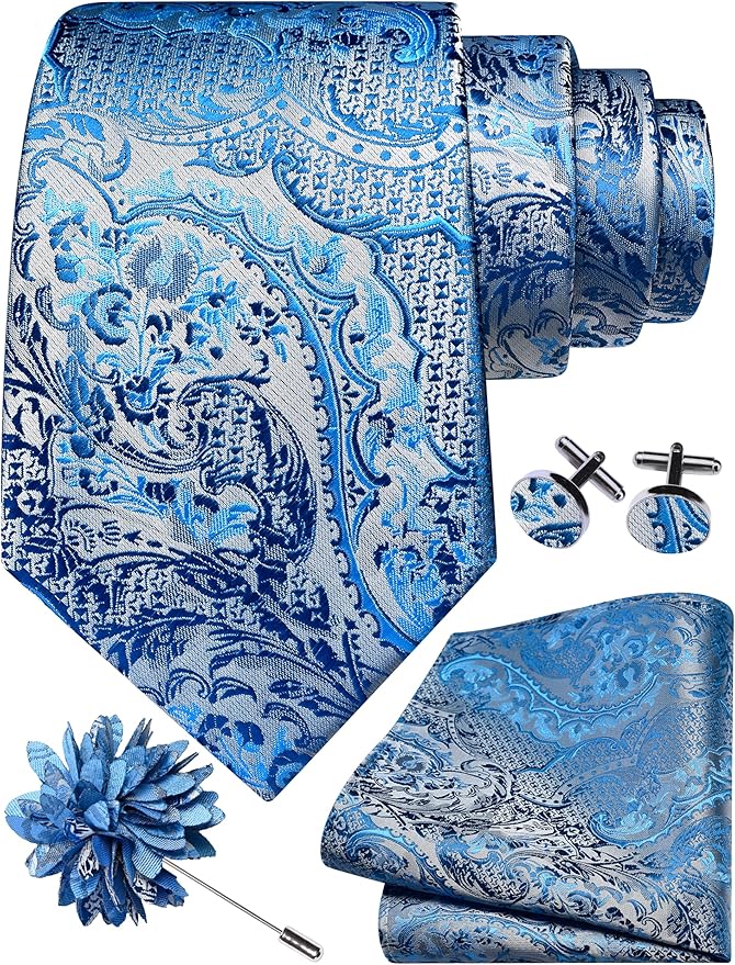 GUSLESON 8cm Paisley Tie Set for Men Necktie Lapel Pin Pocket Square Cufflinks Set for Men