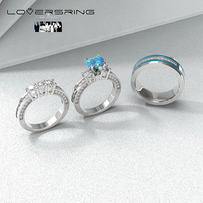 TWO RINGS Wedding Ring Sets His And Hers Promise Ring Couples Bridal Sets Women 925 Sterling Silver square Cz Man Stainless Steel Brushed Finished Wedding Bands