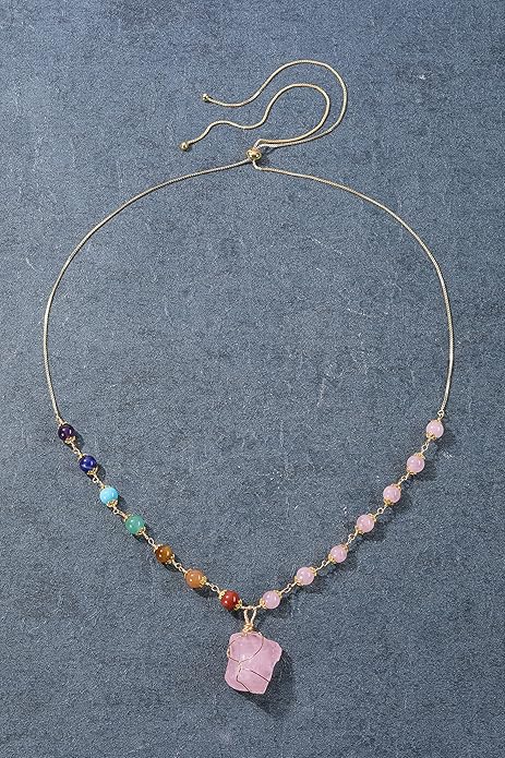Jovivi Healing Stone Necklaces 7 Chakra Beads Necklace for Women Adjustable 14K Gold Plated Wire Wrapped Raw Quartz Crystal Pendant Necklace Gemstone Jewelry Mothers Day Gift