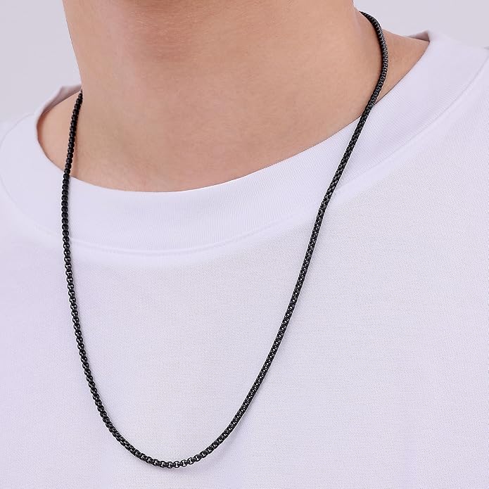 Fiusem Box Chain for Men, Silver Tone/14K Gold Plated/Black Stainless Steel Necklace for Men and Women, Width 2/2.5/3/4/5mm, Length 18-28 Inches