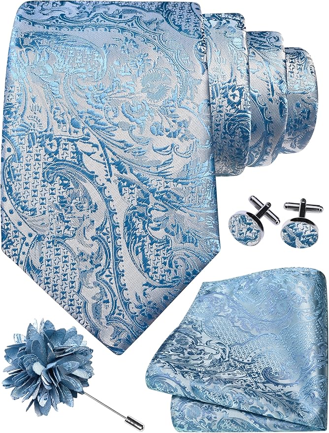 GUSLESON 8cm Paisley Tie Set for Men Necktie Lapel Pin Pocket Square Cufflinks Set for Men