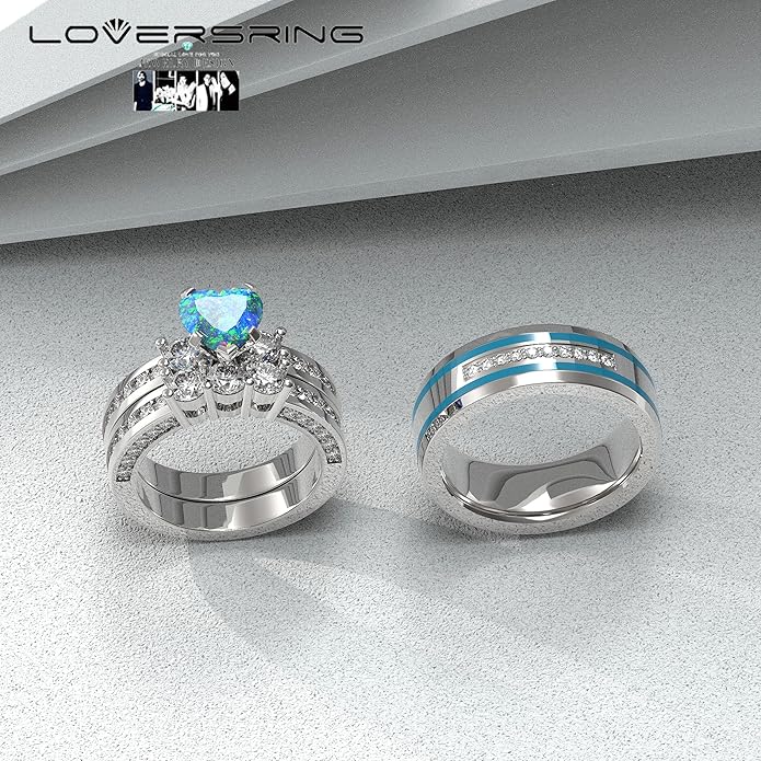 TWO RINGS Wedding Ring Sets His And Hers Promise Ring Couples Bridal Sets Women 925 Sterling Silver square Cz Man Stainless Steel Brushed Finished Wedding Bands