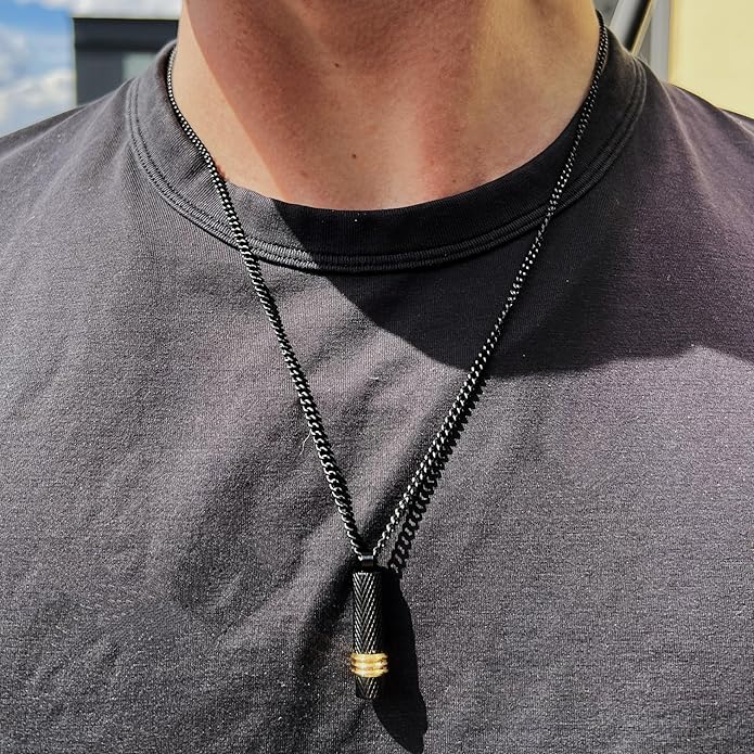 Boston Bay Men’s Black Dog Tag Necklace, 316L Stainless Steel Pendant with 24 Inch Fine Cuban Curb Link Chain