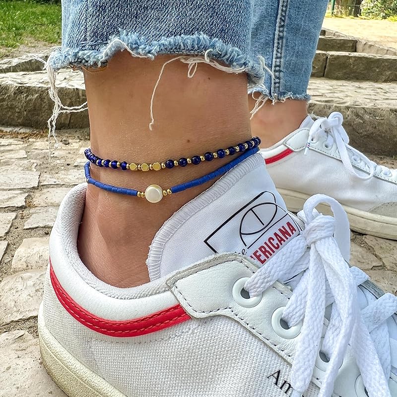Made by Nami Boho Surfer Anklet Waterproof & Adjustable Beaded Anklets for Women Beachy Ankle Bracelet Made from Waxed Cotton Rope and Beads for Summer and Hippie Style (Blue Pearl)