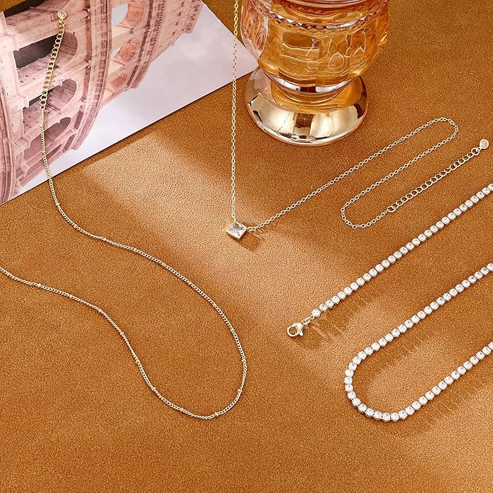 CHESKY 14K Gold Plated Layered Necklaces for Women,Dainty Gold/Silver Plated Chain Necklace CZ Pendant Necklace Adjustable Layering Choker Necklace jewelry Gifts